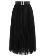 Full Pleated Double-Layered Mesh Midi Skirt in Black