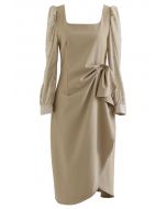Buttoned Ruched Waist Flap Asymmetric Midi Dress in Camel