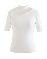 Cutout Halter Neck Short-Sleeve Knit Top in White