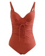 Ruched Lace-Up Front Open Back Swimsuit in Rust Red