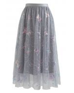 Sequin Butterfly Embroidered Mesh Tulle Skirt in Grey