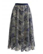 Divine Daisy Embroidered Mesh Tulle Skirt in Navy