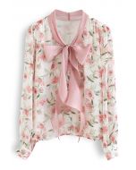 Pink Rose Bowknot Scarf Chiffon Shirt