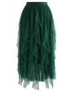 Scattered Bead Decor Pleated Tulle Skirt in Green