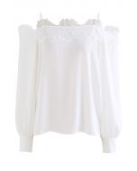Lacy Edge Cold-Shoulder Satin Top in White