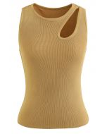 Cutout Shoulder Fitted Knit Tank Top in Mustard