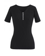 Pearly Button Short Sleeve Knit Top in Black