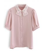 Crystal Flower Button Down Satin Shirt in Pink