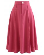 Faux Welt Pocket Seam Detail Midi Skirt in Coral
