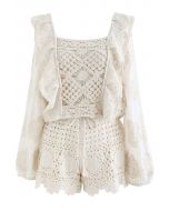 Hollow Out Floral Crochet Cotton Top and Shorts Set in Linen