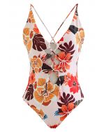 Front and Back Lace-Up Orange Floral Swimsuit