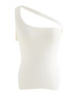 Button Strap One-Shoulder Knit Tank Top in White