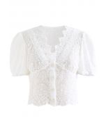 Full Delicate Embroidery Buttoned Mesh Top in White