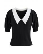 Contrast Collar Short Sleeve Knit Top in Black
