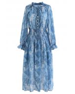 Blue Watercolor Printed V-Neck Midi Dress