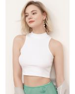 Ribbed Textured Cropped Racer Tank Top in White