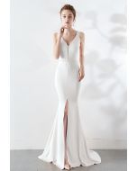 Beaded Bowknot Split Mermaid Satin Gown in White