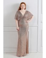 Cape Sleeve Mesh Inserted Sequined Gown in Champagne