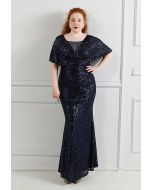 Cape Sleeve Mesh Inserted Sequined Gown in Navy