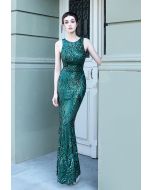Open Back Flower Lattice Sequined Gown in Emerald