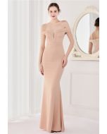 Off-Shoulder Mesh Inserted Satin Gown in Light Tan