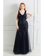 Mesh Panelled Sequined Mermaid Gown in Navy