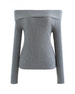 Courtly Off-Shoulder Crop Knit Top in Grey