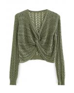 Hollow Out Knot Front Crop Knit Top in Moss Green
