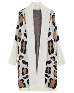 Fuzzy Leopard Batwing Sleeves Open Front Cardigan in Ivory