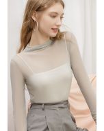 Ruched Detail Sheer Mesh Fitted Top in Grey
