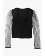 Dotted Mesh Long Sleeves Fitted Top in Black