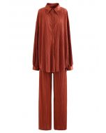 Full Pleated Plisse Shirt and Pants Set in Pumpkin