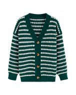 Button Down Striped Embossed Knit Cardigan in Green