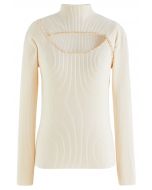 Crystal Trim Cutout High Neck Knit Top in Cream