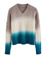 Ocean Ombre V-Neck Cable Knit Sweater