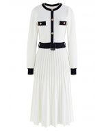 Belted Contrast Color Pleated Knit Dress in White