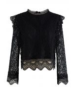 Your Sassy Start Long Sleeve Crochet Lace Top in Black
