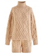 High Neck Braided Knit Sweater and Shorts Set in Tan