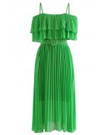 Tiered Cold-Shoulder Pleated Belted Dress in Green
