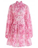 Cutout Back Floral Bubble Sleeve Frilling Dress in Pink
