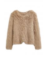 Delicate Button Trim Faux Fur Knit Coat in Camel