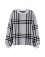 Classic Plaid Round Neck Knit Sweater in Grey