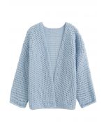Open Front Hollow Out Knit Cardigan in Blue