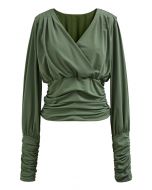 Tender Ruched Detail Faux Wrap Top in Moss Green