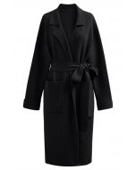 Notch Lapel Belted Longline Knit Cardigan in Black