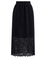 Intricate Cutwork Lace Midi Skirt in Black