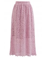 Intricate Cutwork Lace Midi Skirt in Pink