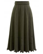 Zigzag Hemline Hollow Out Knit Midi Skirt in Army Green