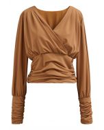Tender Ruched Detail Faux Wrap Top in Caramel