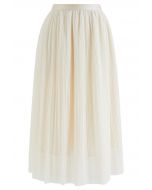 Plisse Double-Layered Mesh Tulle Skirt in Cream